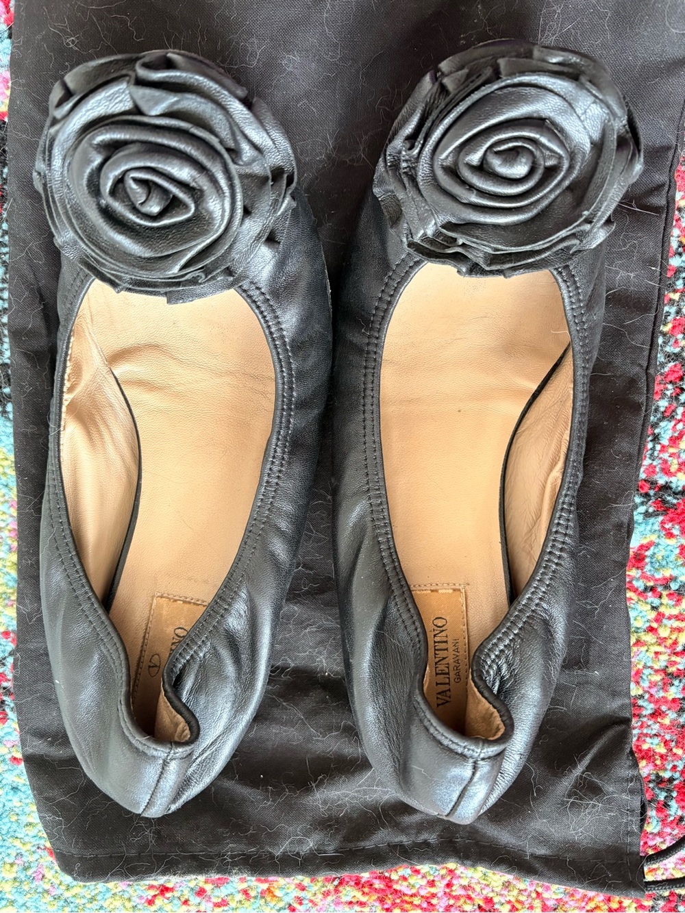 Valentino Black Leather Rosette Ballet Flats